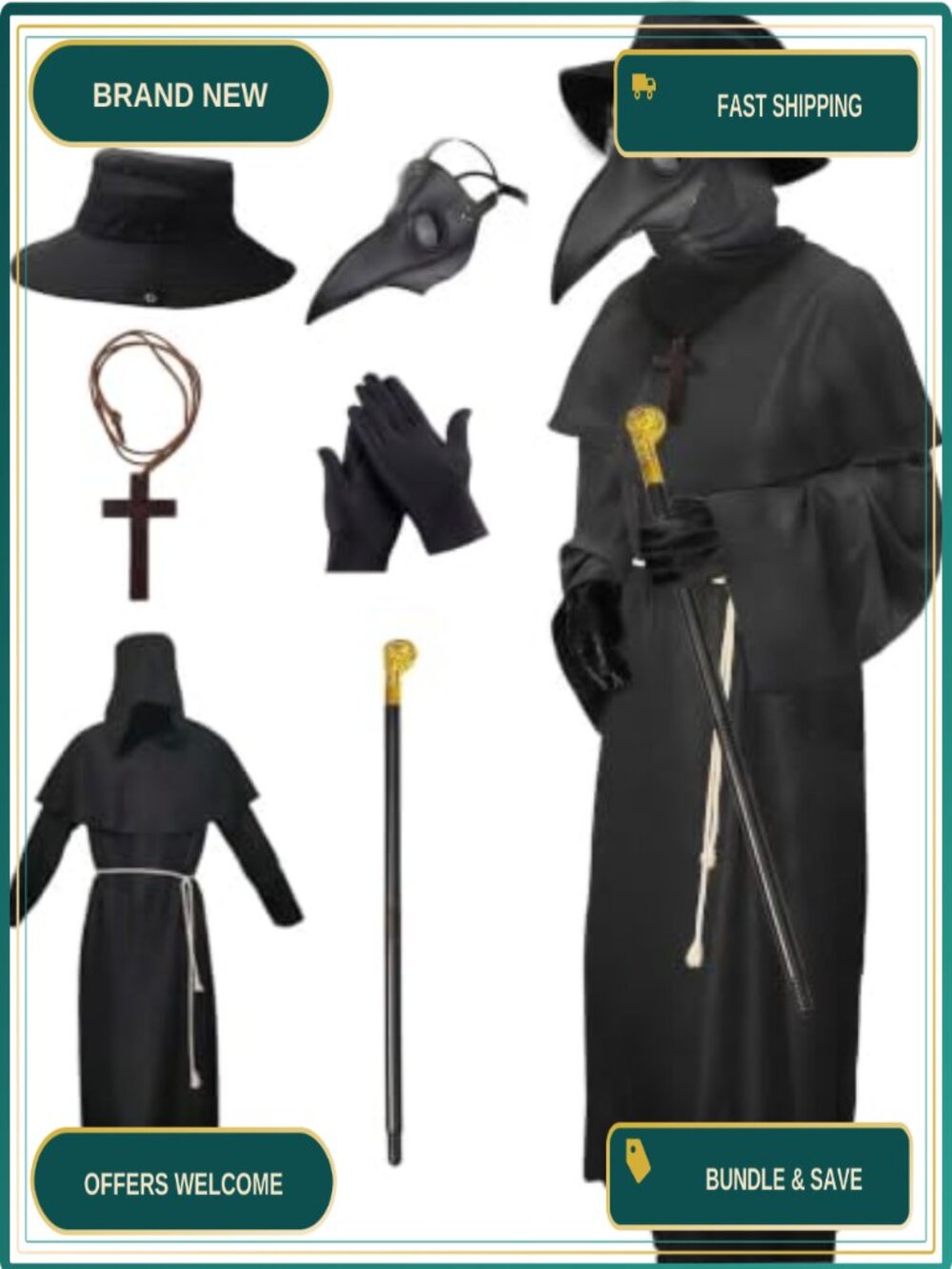 Plague Doctor Costume Set 6-in-1 Halloween Mask Robe Hat